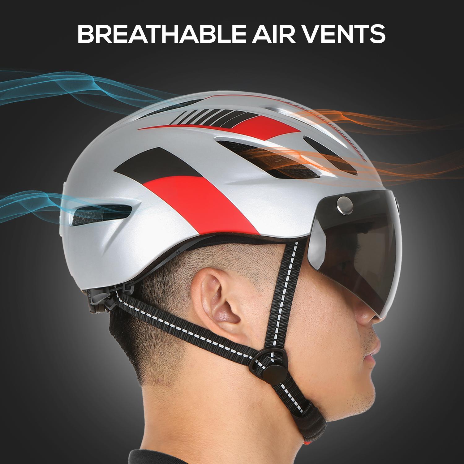 Mũ bảo hiểm đi xe đạp xe máy có đèn chiếu sáng phía sau, kèm tấm kính chống UV