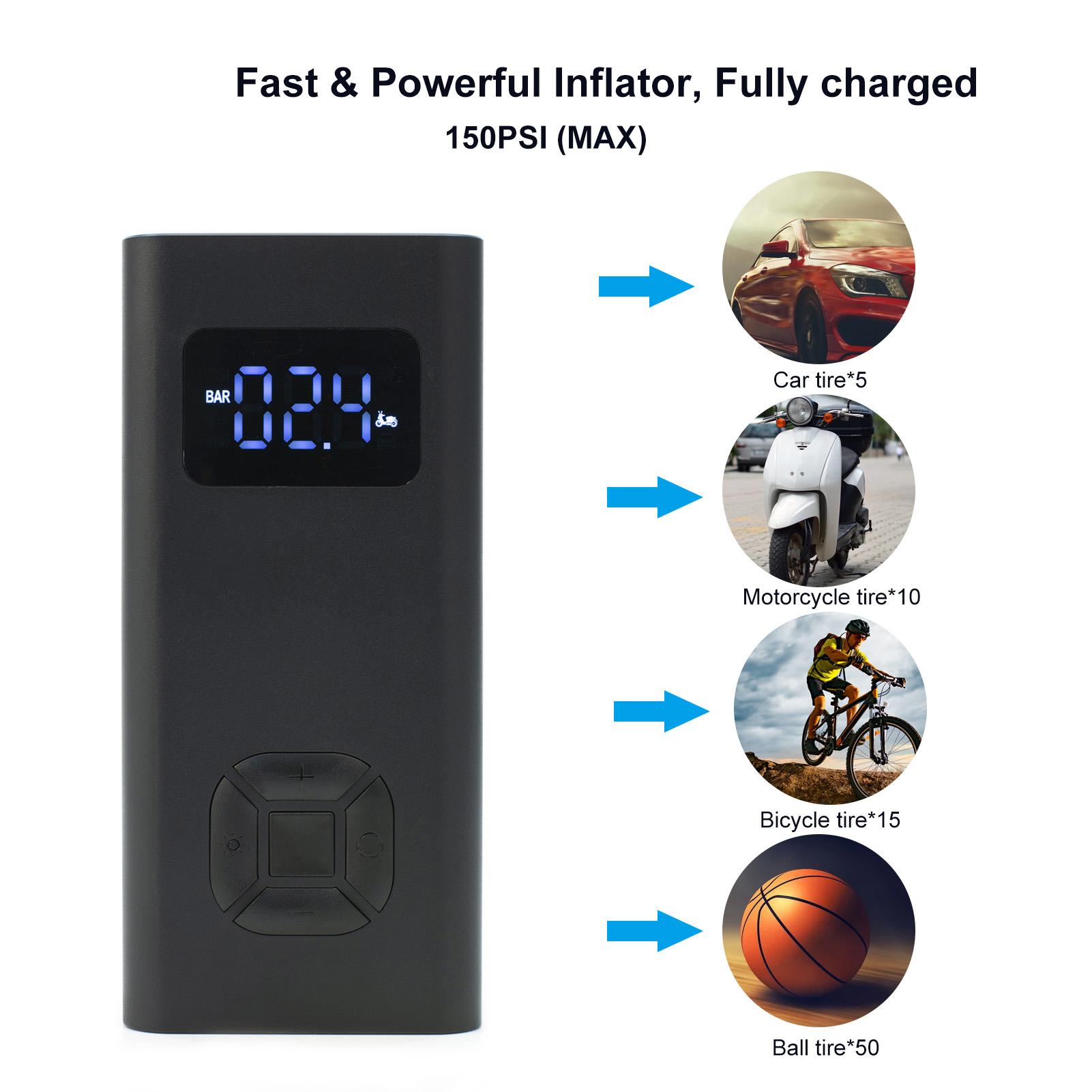 Tire Inflator Portable Air Compressor Digital Pressure Gauge with LEDs Light USB Rechargeable 150PSI Electric Air Pump