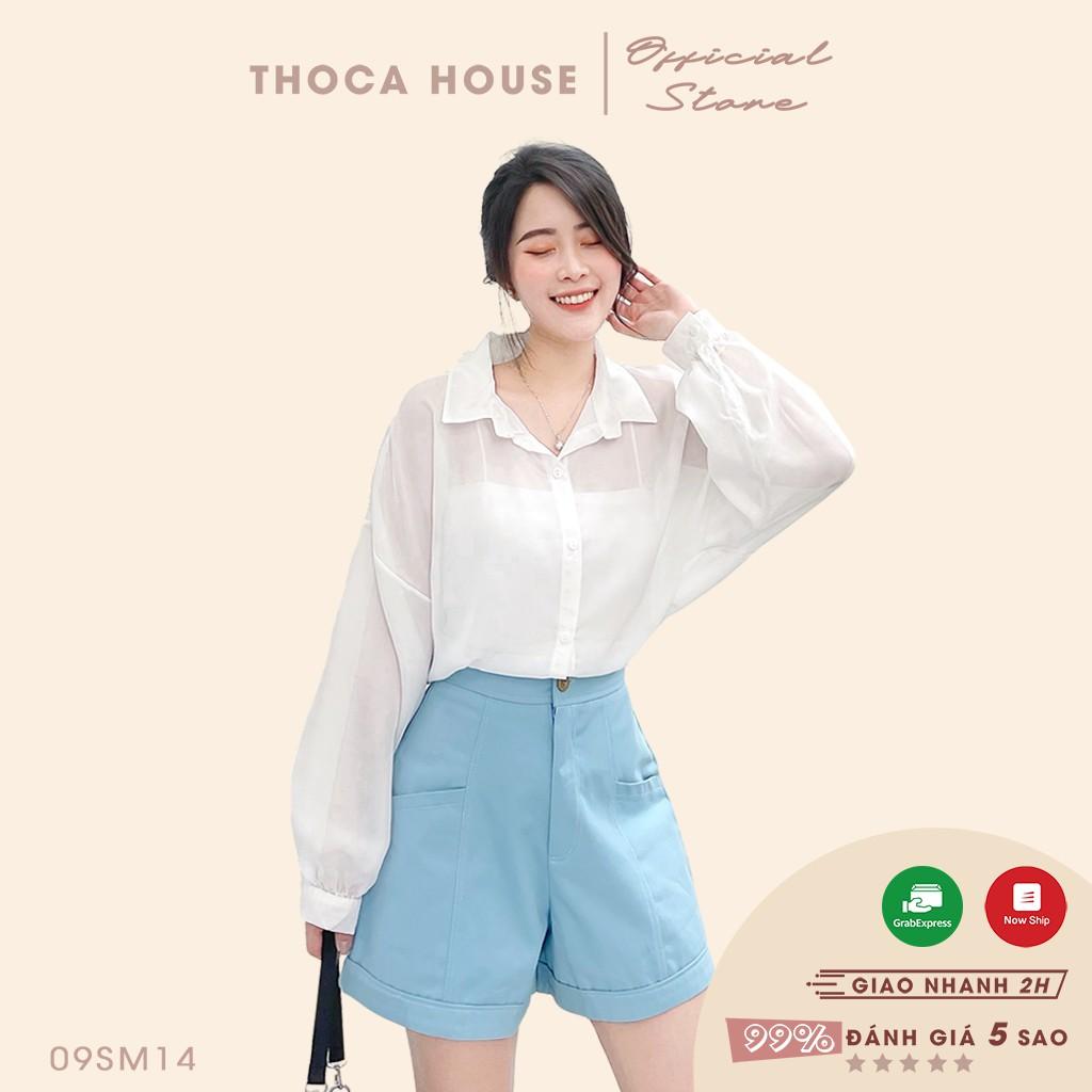 Áo sơ mi voan tay phồng tặng kèm áo 2 dây croptop THOCA HOUSE 2 màu đen, trắng chuẩn style Hàn freesize dưới 56kg