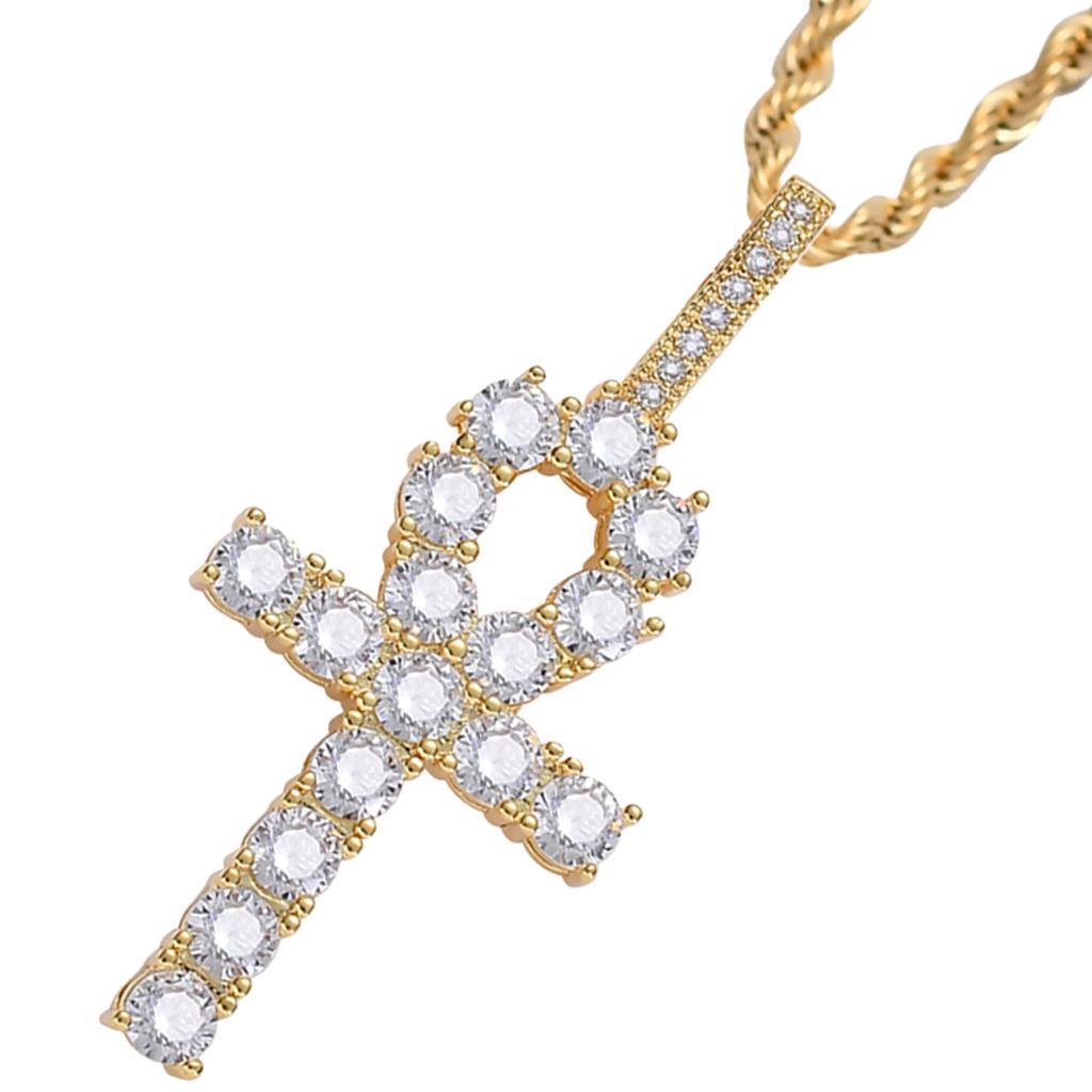 Necklace with Key Cross Pendant Zircon Jewel Accessory for Women Men Golden