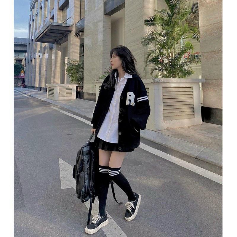 Áo Khoác Cardigan Bomber Nỉ Bông IN LOGO R Sọc Viển Tay Form Rộng Basic Nam Nữ Unisex Ulzzang KUN