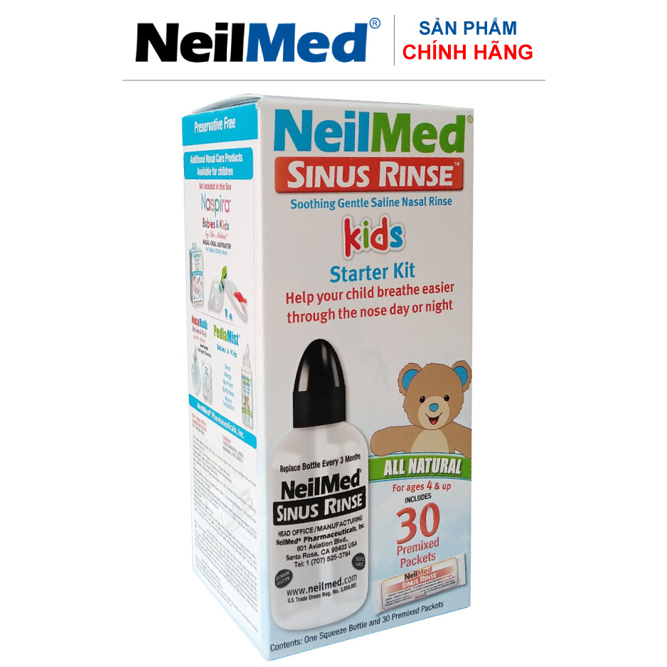 Bình (Bộ Dụng Cụ) Xịt Rữa Mũi Xoang Cho Bé Neilmed Sinus Rinse Paediatric Starter Kit (1 bình + 30 gói hỗn hợp muối rửa)