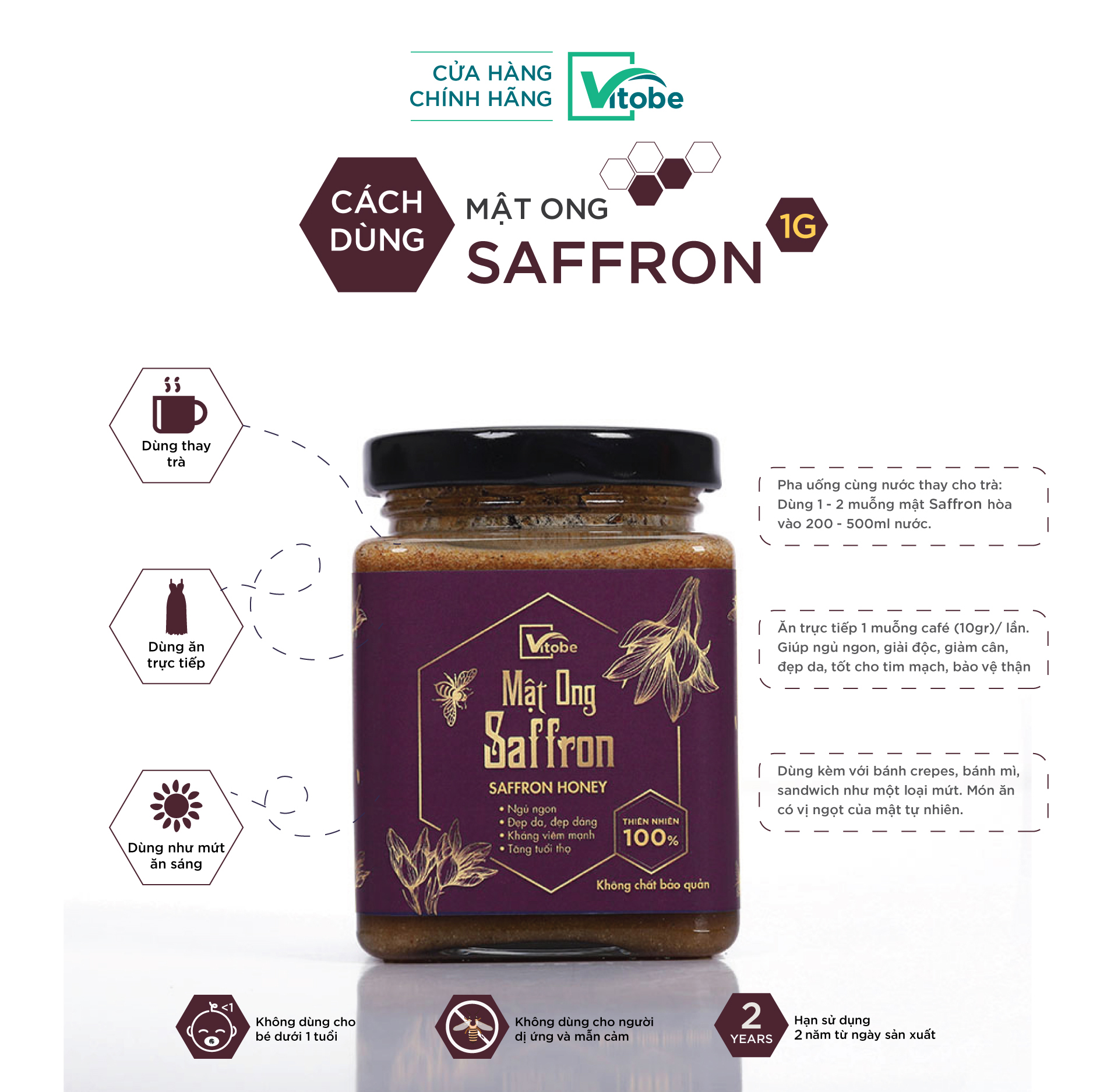 Mật Ong Saffron Vitobe (300g) nhãn hồng - Hữu Cơ 100% (TẶNG mật ong Melaleuca 300g)