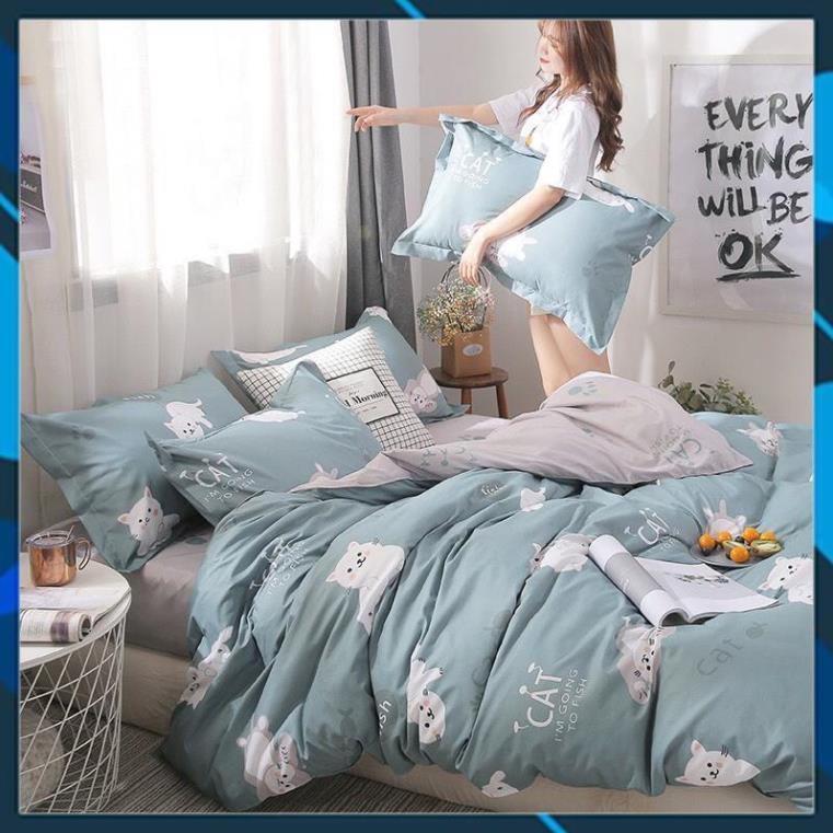 Bộ chăn ga gối Cotton Poly bedding Mèo lười, vỏ chăn mền, drap giường và 2 vỏ gối