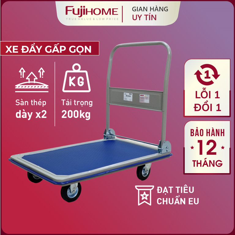 Xe đẩy hàng 4 bánh gấp gọn 200kg Nhật Bản Fujihome sàn thép, bánh cao su cao cấp không ồn có khóa bánh, xe chở đồ kéo hàng gấp gọn đa năng platform hand truck