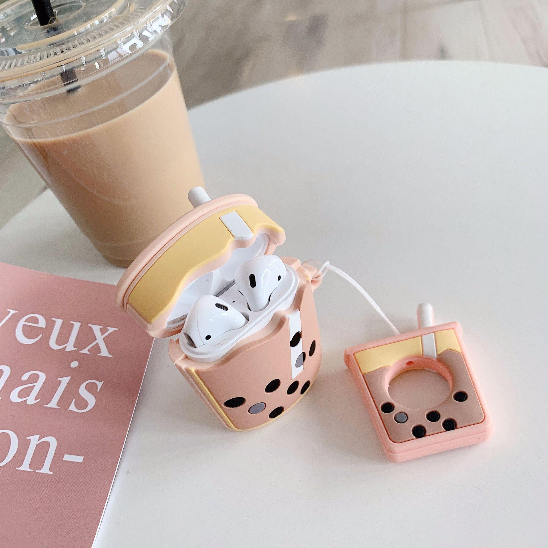 Ốp Case Cho Airpods 1/ 2 Hình Ly Trà Sữa_Tặng Kèm Móc khóa Mèo Con Ngồi Hộp