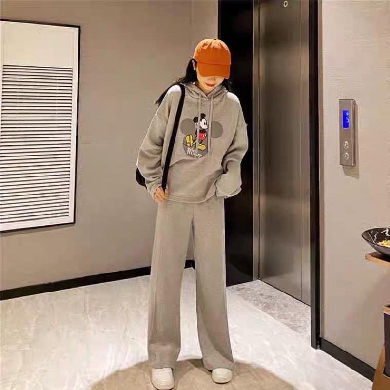 BỘ NỈ BÔNG HOODIE MŨ DÁNG SUÔNG MICKEY