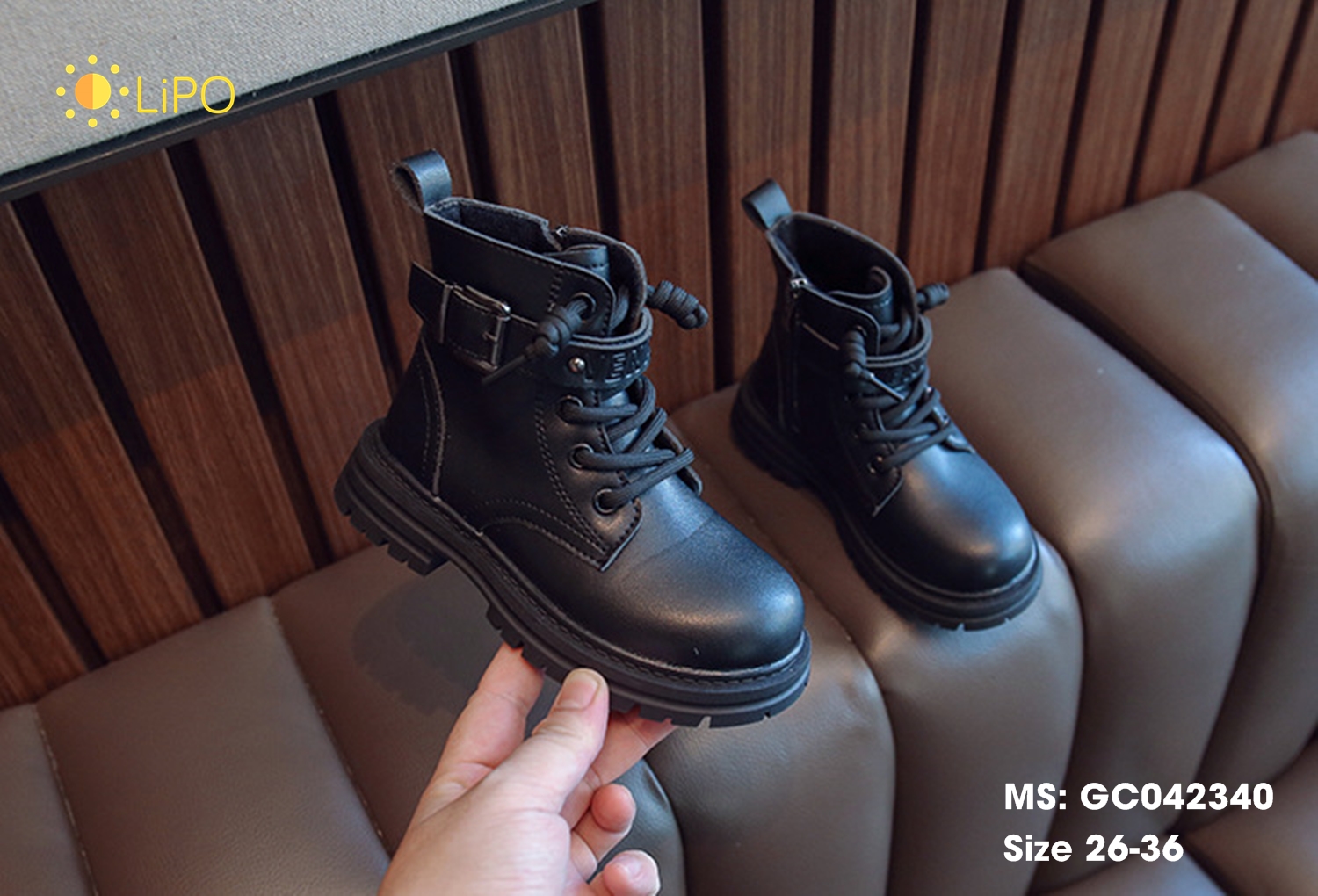 Boot bé gái, bé trai, Giày bốt bé gái đen cổ cao hàng Quảng Châu cao cấp size 26-36 GC042 Lipokids