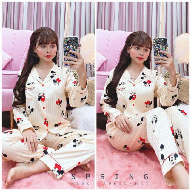BỘ PIJAMA MẶC NHÀ HOẠ TIẾT CHUỘT HOẠT HÌNH LỤA GẤM DÀI TAY CAO CẤP