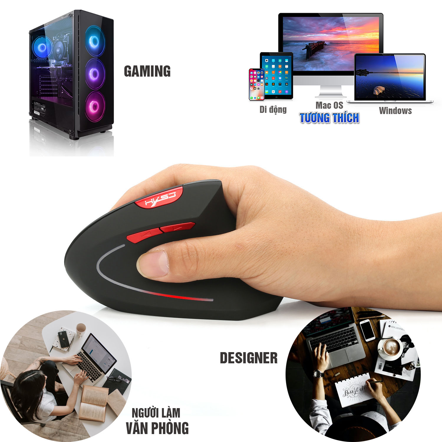 Chuột đứng không dây Wireless 2.4G, Bluetooth, DPI điều chỉnh 3 cấp, cho Gaming, Văn phòng, Designer 6 nút, chống mỏi cổ tay Dan House HXSJ T24, T24, T29, Pin sạc- Hàng chính hãng