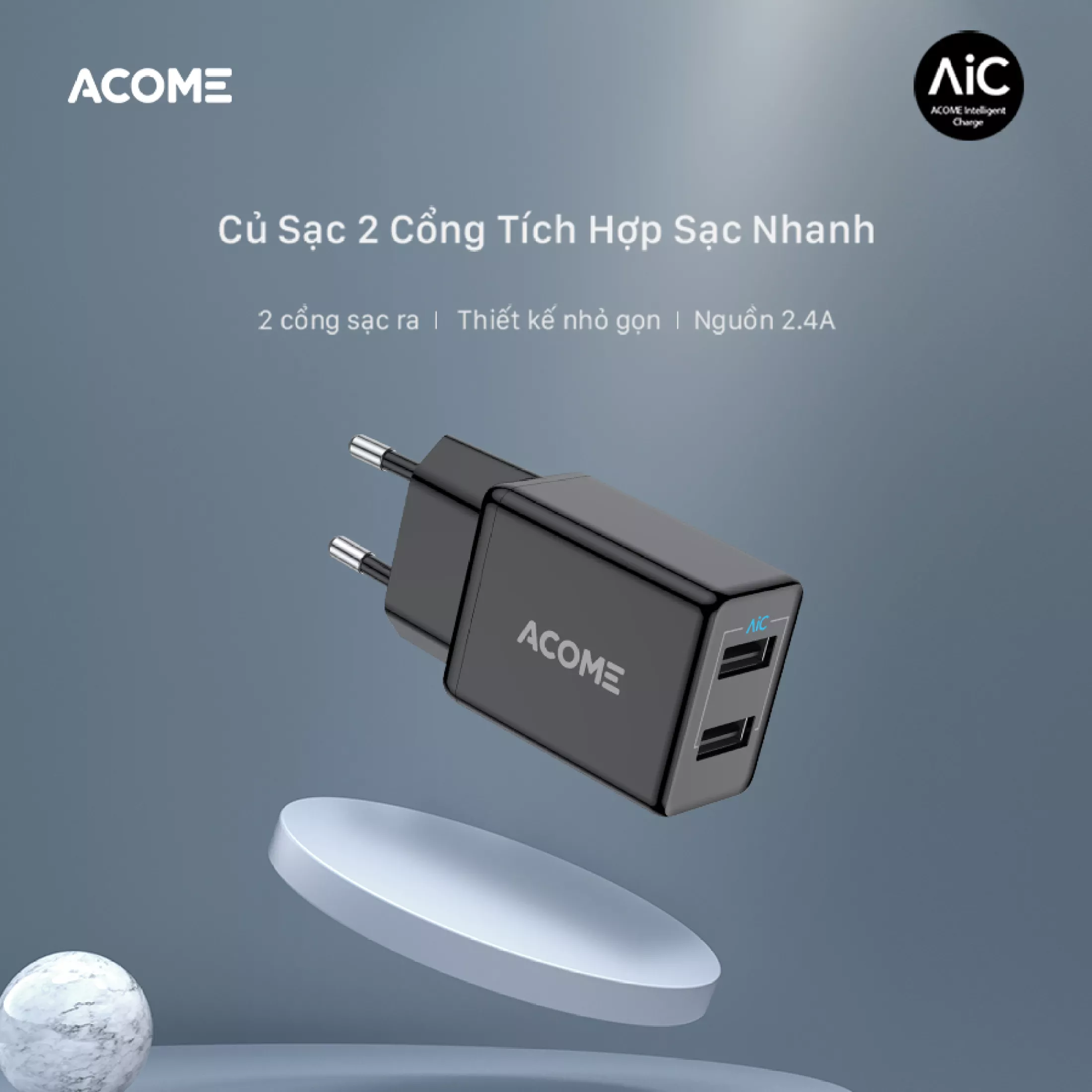 Cốc sạc ACOME AC03 Cho Di Động/Điện Thoại/Máy Tính Bảng Có 2 Cổng USB Sạc Nhanh 2.4A - Hàng Chính Hãng