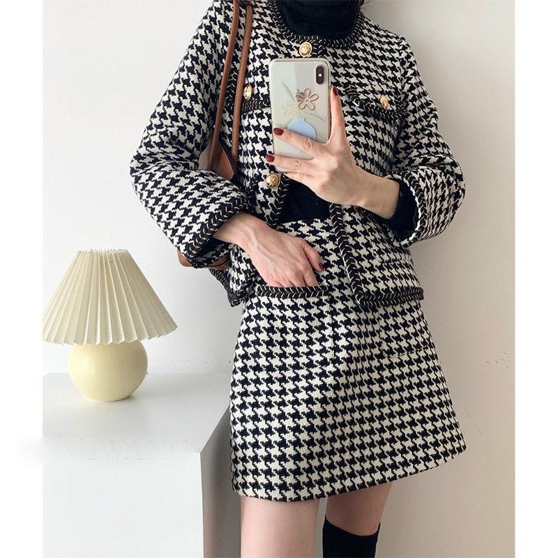 LEN DẠ TWEED | Set Len Giả Dạ Tweed Nữ Tiểu Thư Họa Tiết Trám Ô Dày Dặn Gồm Áo Khoác Và Chân Váy Ulzzang