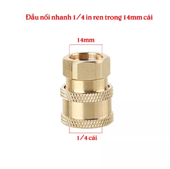 Bộ Khớp Nối Nhanh Ren 14mm Cho Máy Rửa Xe, Đầu Nối Nhanh 1/4 Chất Liệu Đồng Thau