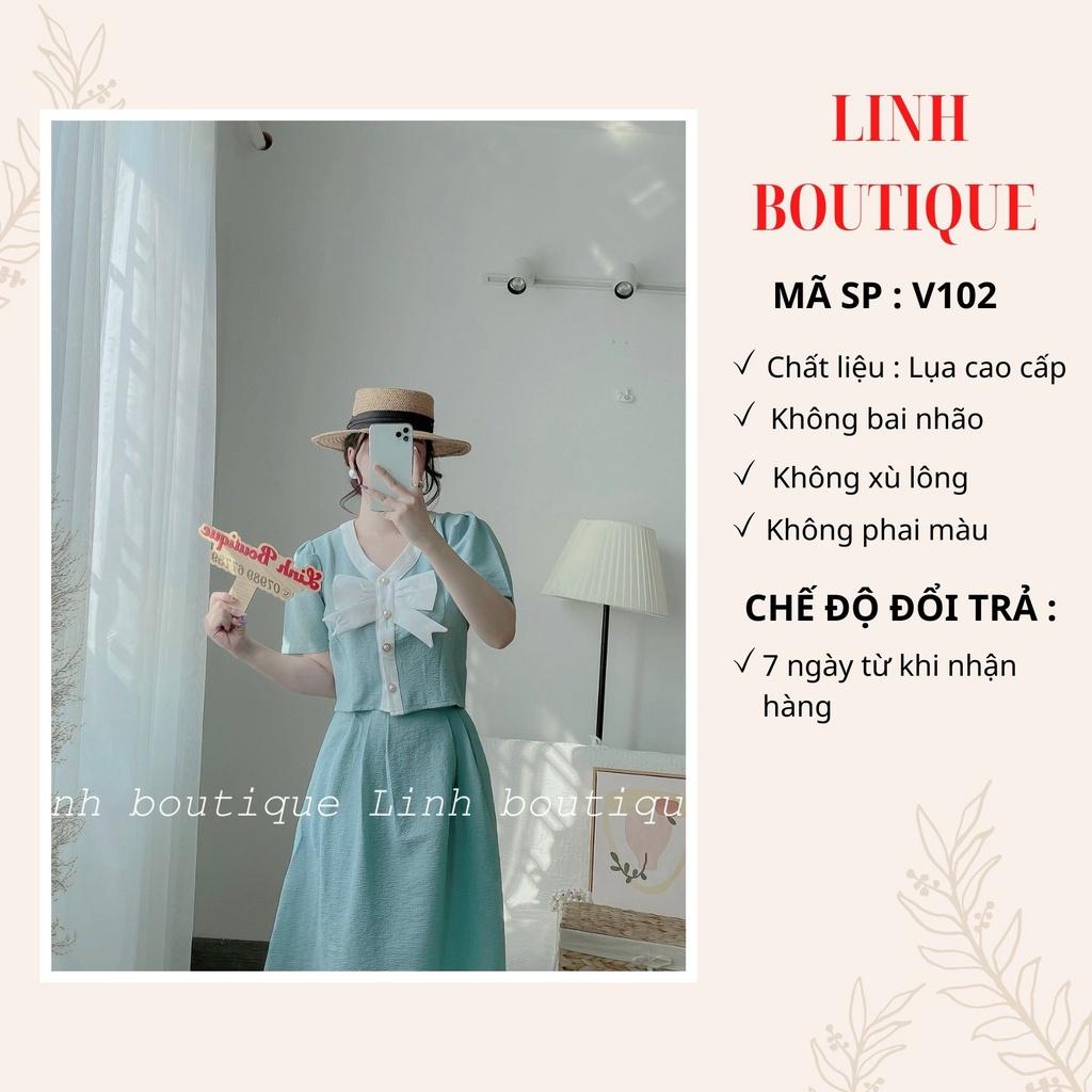 Sét chân váy xếp ly, áo cổ tim đính nơ tay lỡ thiết kế cao cấp thời trang công sở, dự tiệc sang trọng V102