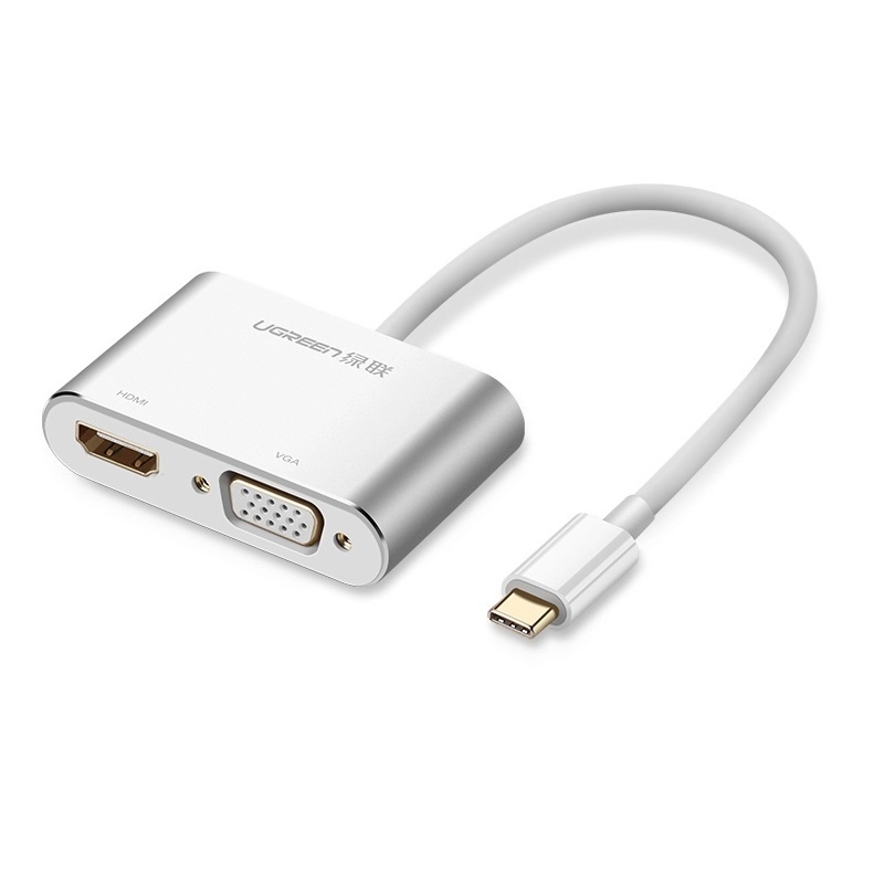 Cáp chuyển đổi USB-C dương Sang 1*HDMI Female, 1*VGA Female không hổ trợ Audio vỏ nhôm dài 25cm màu Trắng Ugreen TC50317CM162 Hàng chính hãng.