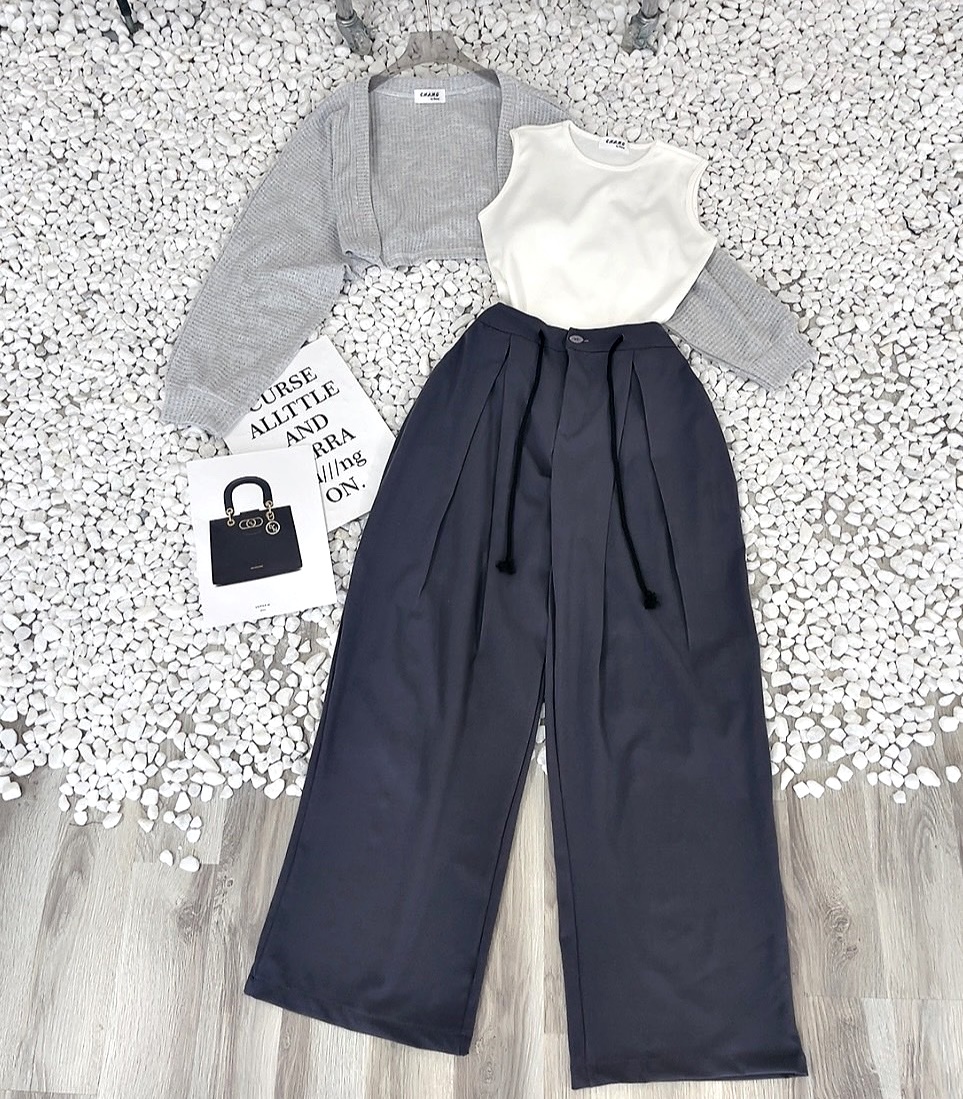 SET QUẦN DÀI ỐNG RỘNG LƯNG CAO SUÔNG TRƠN + ÁO KHOÁC LƯỚI LỬNG CARDIGAN TAY DÀI + ÁO CROPTOP 3 LỖ DẠO PHỐ ĐI CHƠI ĐI BIỂN ĐI TIỆC