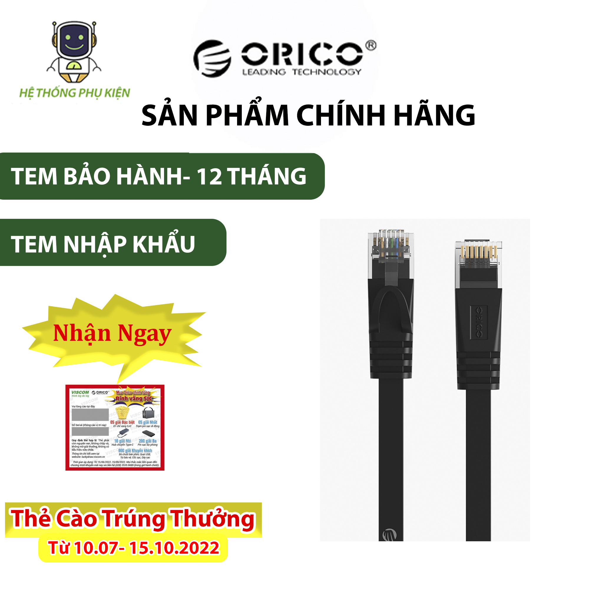 CÁP MẠNG THÂN DẸT ORICO PUG-C6B-BK- Hàng Chính Hãng