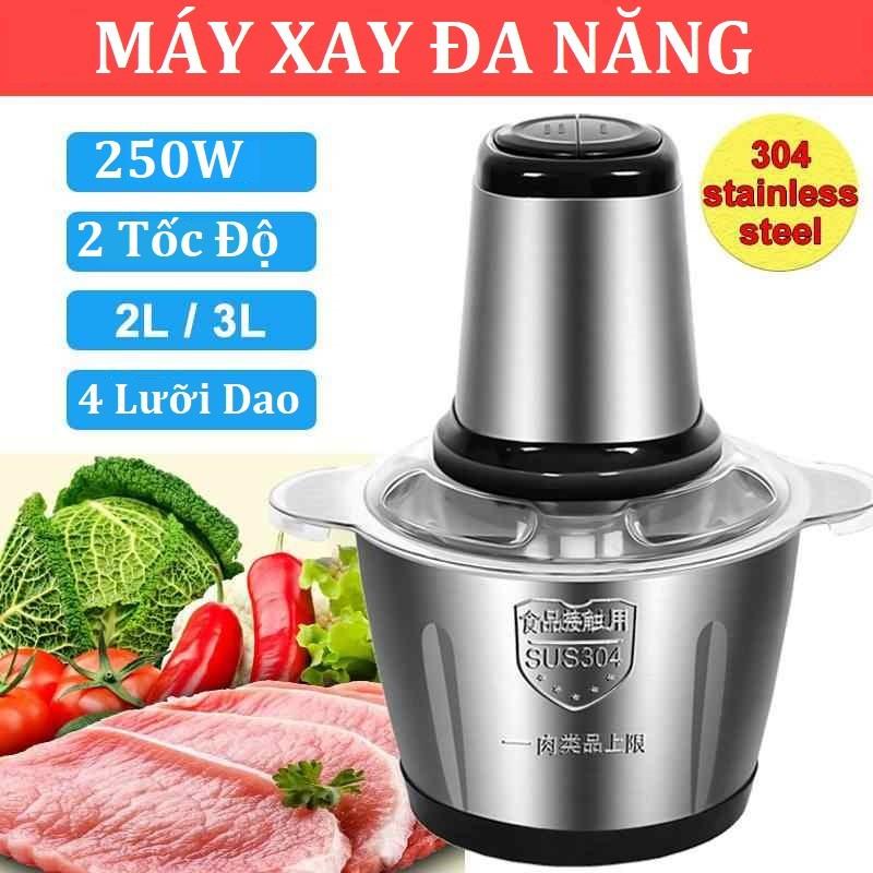 Máy Xay Thịt- Máy Xay Sinh Tố Cầm Tay Cối Inox 4 Lưỡi Đa Năng,Công Suất 250W Xay Thịt, Tỏi Ớt, Rau Củ Quả. - Hàng Chất Lượng