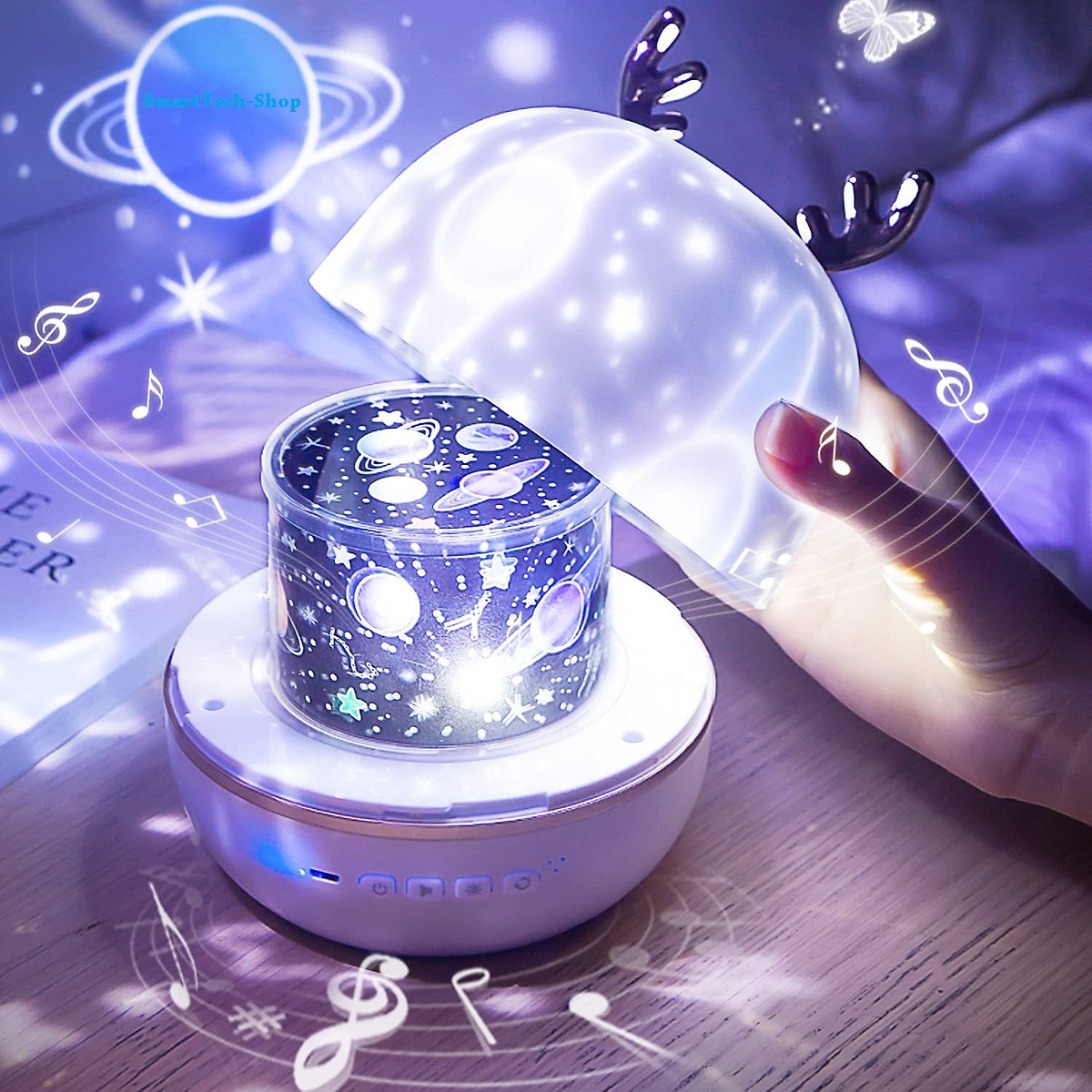 Đèn Ngủ kiêm Đèn Chiếu Ngàn Sao 6 phong cách xoay tự động, tích hợp phát nhạc bằng Bluetooth nhiều hiệu ứng, sạc bằng USB – Kiểu sừng hươu – Không nhạc – Cắm điện trực tiếp