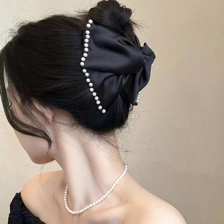 Kẹp tóc càng cua nơ màu đen đính ngọc thanh lịch, kẹp tóc nữ
