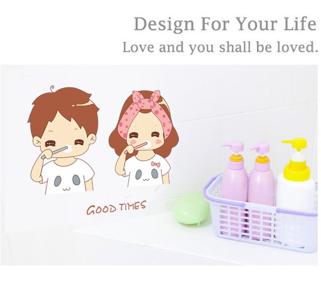 Decal hình Couple đánh răng và ăn đùi gà dễ thương AmyShop ( 35 x 50 cm)