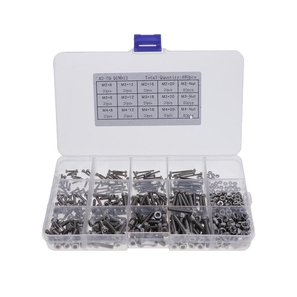 Pack of 480 Hex Screws Nuts Set in 15 Grids Plastic Case Stainless Steel