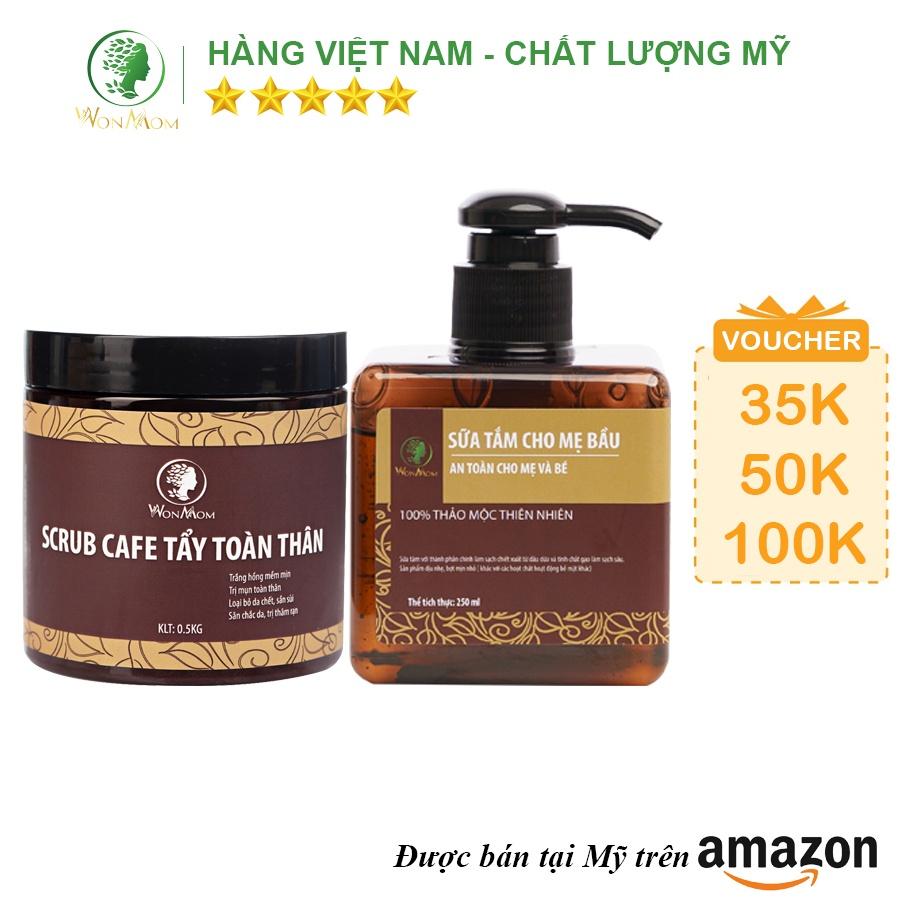 Bộ tắm và tẩy tế bào chết toàn thân Wonmom ( 1 Scrub café tẩy toàn thân + 1 Sữa tắm cho mẹ )