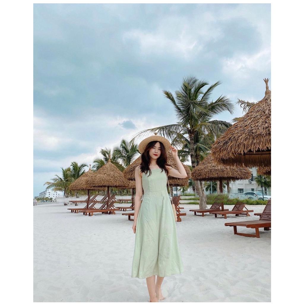225 - ĐẦM HAI DÂY XANH CỔ VUÔNG