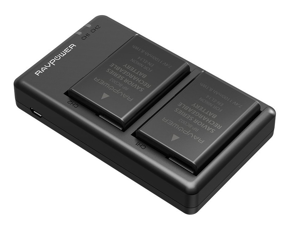 Bộ 2 Pin + 1 Sạc đôi Ravpower EN-EL14 Cho NikoN D3100, D3200, D3300, D3400, D5100, D5200, D5300, D5500, D5600 Coolpix P7000, P7100, P7200, P7700, P7800, P8000 và Nikon DF