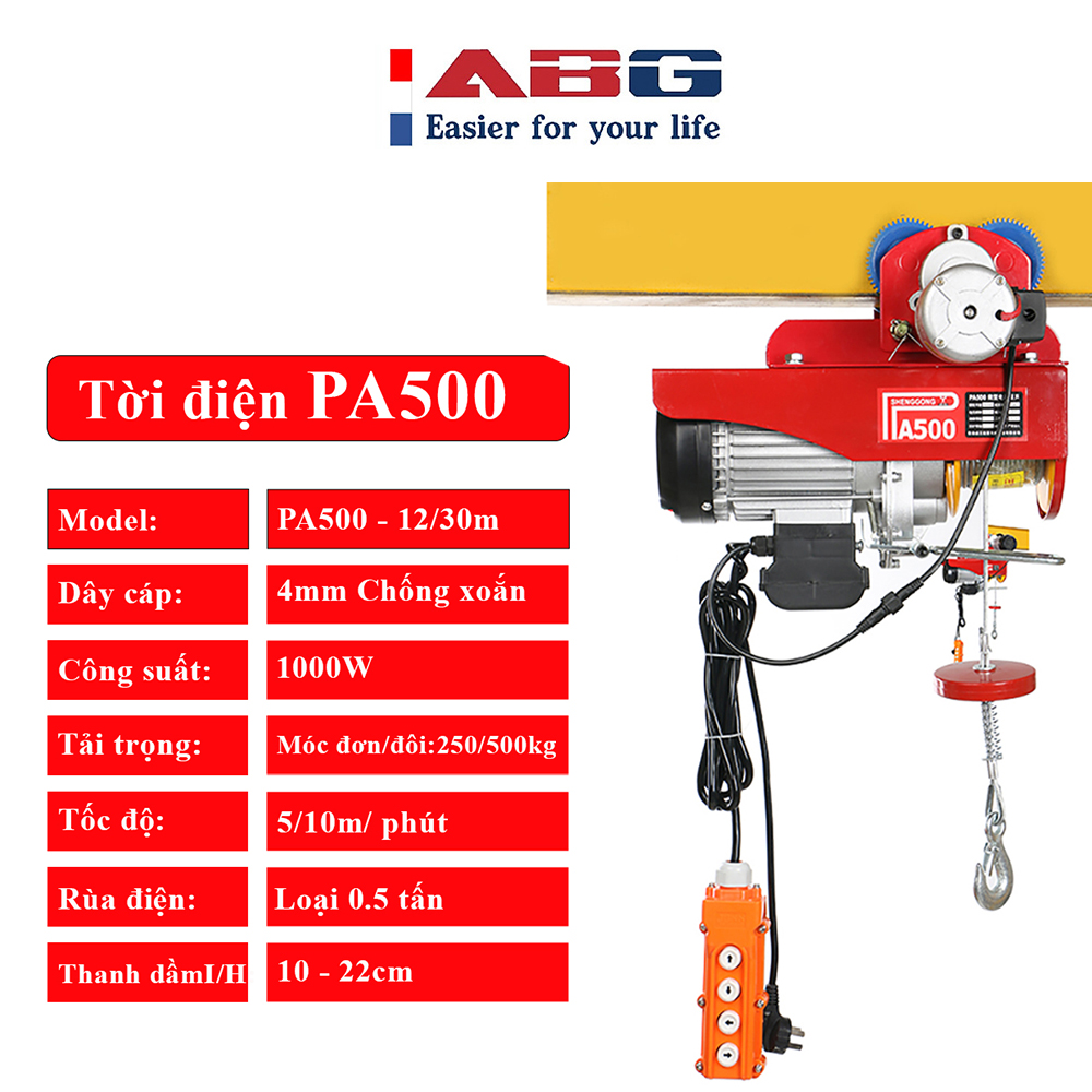 Bộ Tời Điện Kèm Rùa ABG PA500  12 Mét - Giúp Máy Tời Treo Nâng Hạ Vật Nặng Dễ Dàng Trong Nhà Xưởng Công Nghiệp Và Đời Sống, Nâng Kéo Linh Hoạt, Hiệu Quả Cao - Hàng Chính Hãng