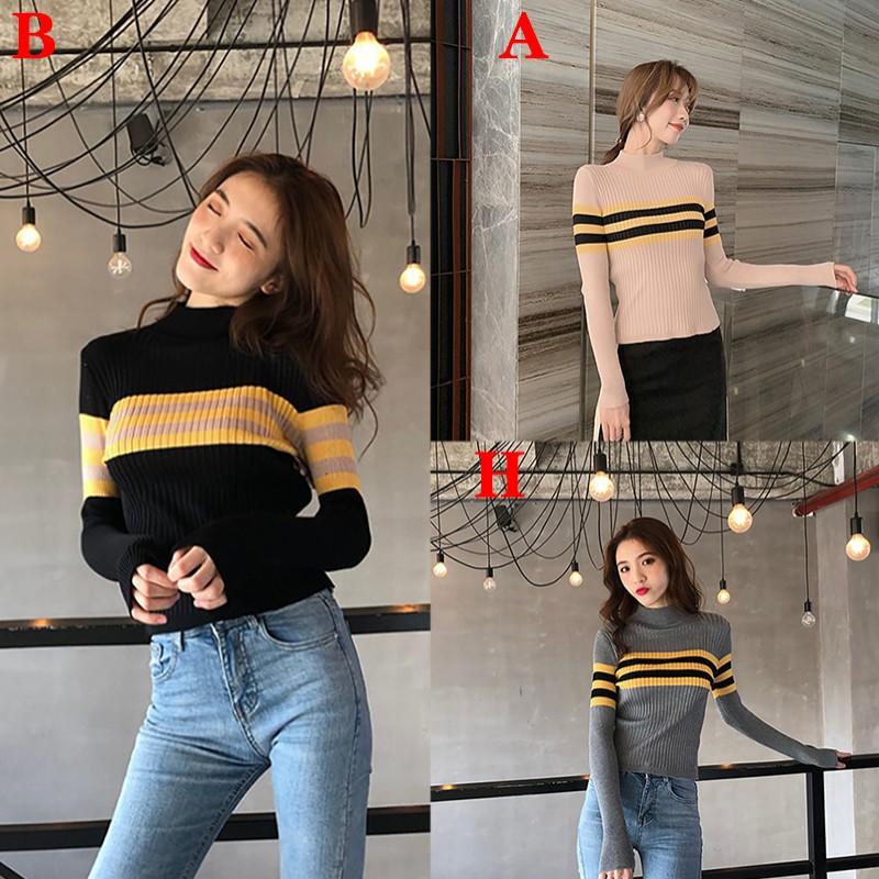 Áo thun gân tay dài dáng ôm hoạ tiết kẻ sọc