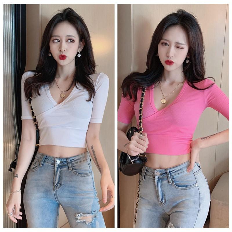 Áo thun nữ ngắn tay cổ chữ V màu trơn thời trang Hàn Quốc