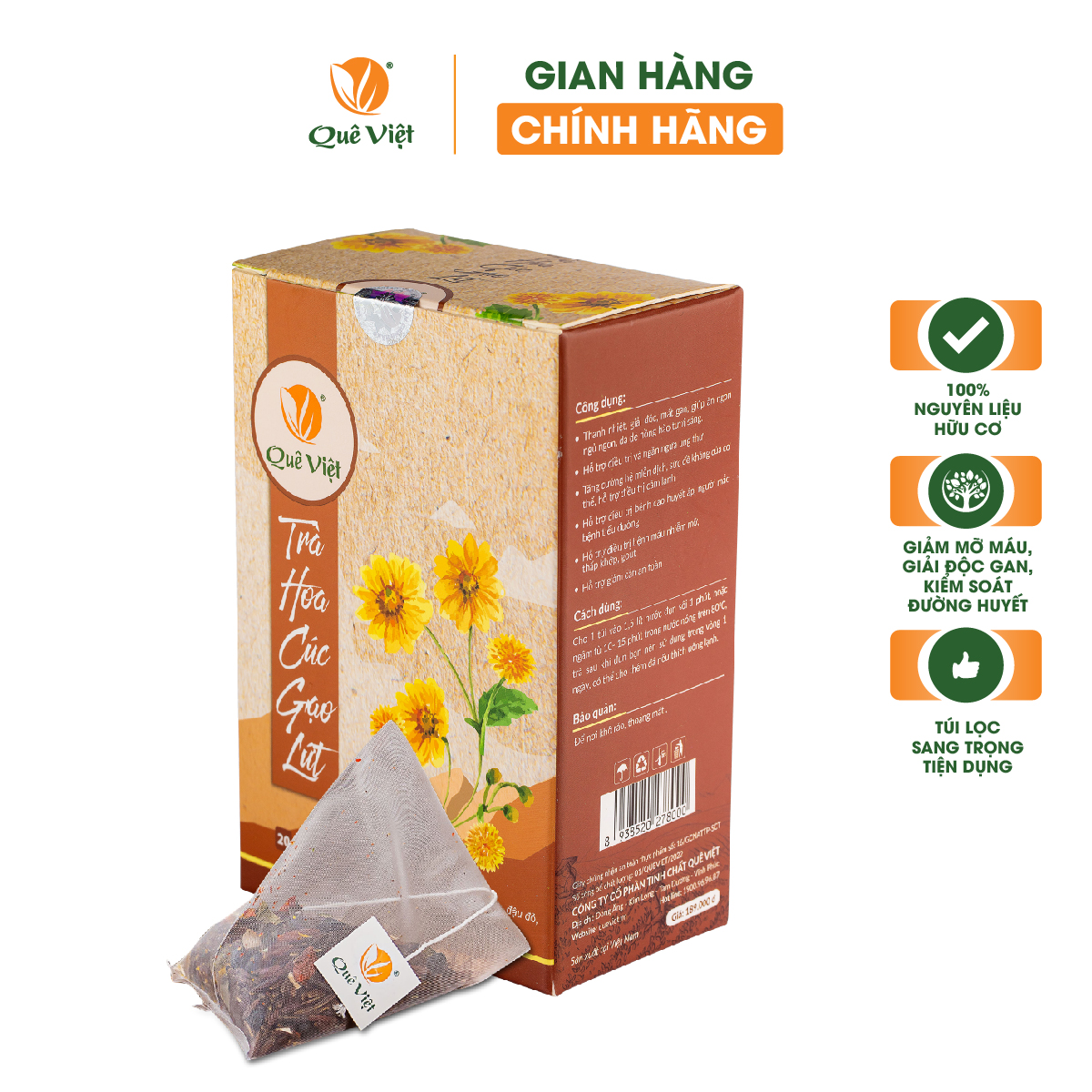 Trà hoa cúc gạo lứt Quê Việt thanh nhiệt, ngủ ngon, điều hoà huyết áp hộp 600gr