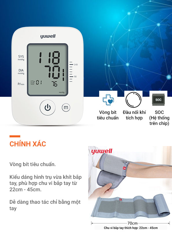 Máy đo huyết áp điện tử bắp tay chính hãng YUWELL YE660D [Nhập khẩu chính hãng - Bảo hành 5 năm]