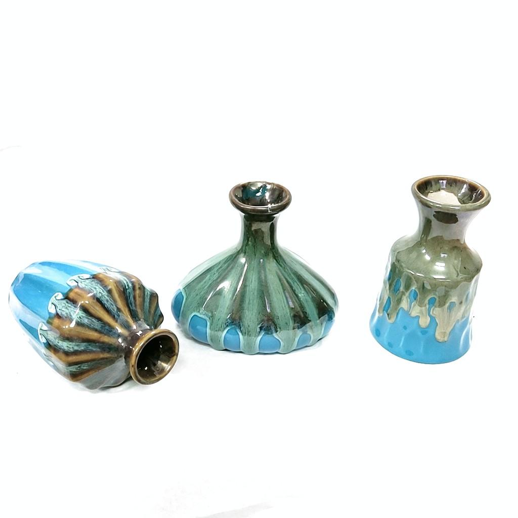 Set bộ 3 bình gốm men hỏa biến kiểu rọc dưa, màu xanh navy