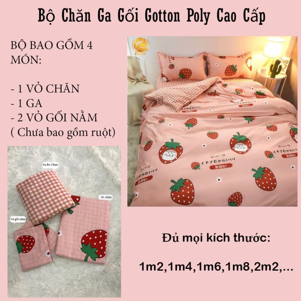 Bộ chăn ga gối , coton poly họa tiết hoa quả đủ size miễn phí bo chun