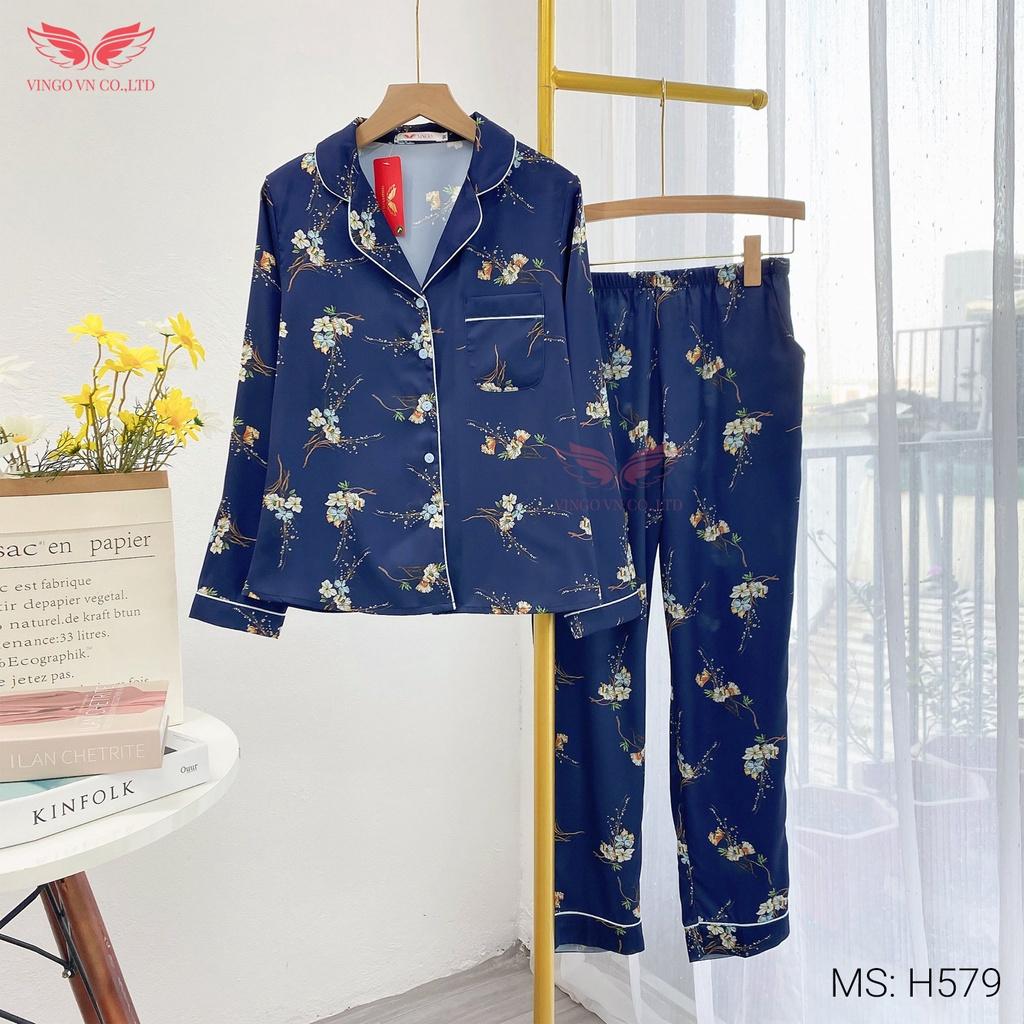 Đồ bộ nữ pijama mặc nhà VINGO Lụa Pháp cao cấp tay dài quần dài họa tiết hoa dây xanh đậm mùa Thu Đông H579 VNGO