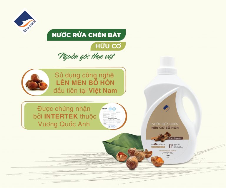 Nước rửa chén hữu cơ Bồ hòn Ecocare - 100% thực vật, không hóa chất, tinh dầu khử mùi, chăm sóc da tay, tiết kiệm nước 30% - Chai 4000ml