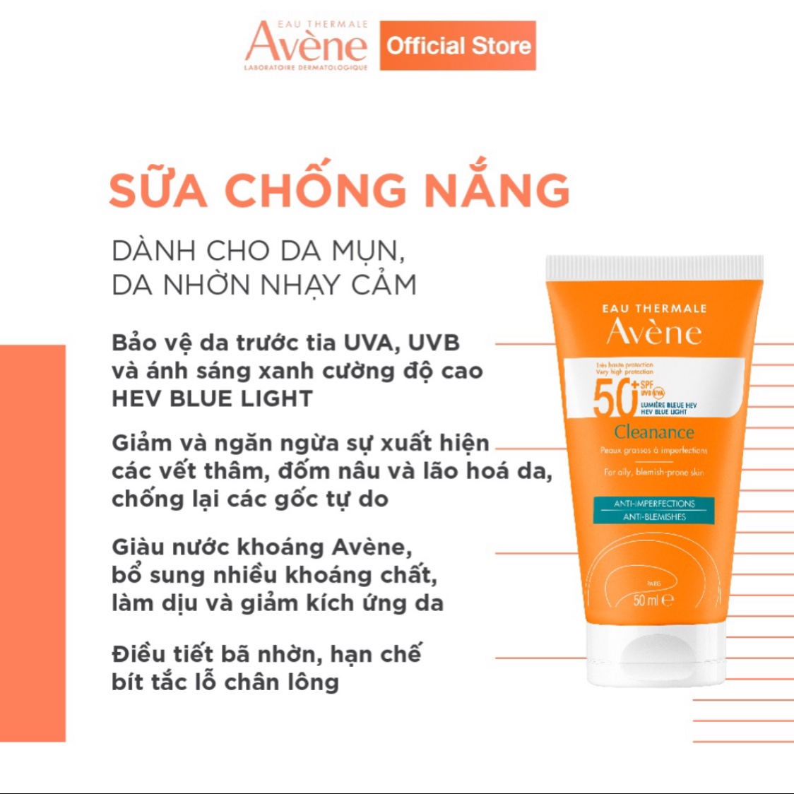 Kem chống nắng cho da nhờn mụn Avene Cleanance Protection Blue Light Spf50+ 50ml TẶNG mặt nạ Sexylook (Nhập khẩu)