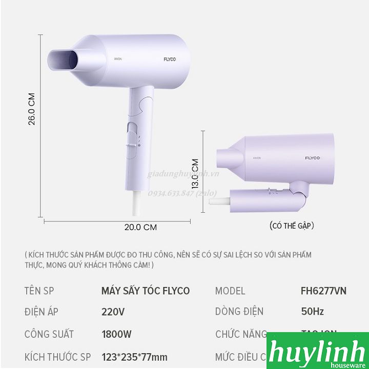 Máy sấy tóc 2 chiều, tạo ion âm (anion) Flyco FH6277VN - Công suất 1800W - Hàng chính hãng Việt Nam