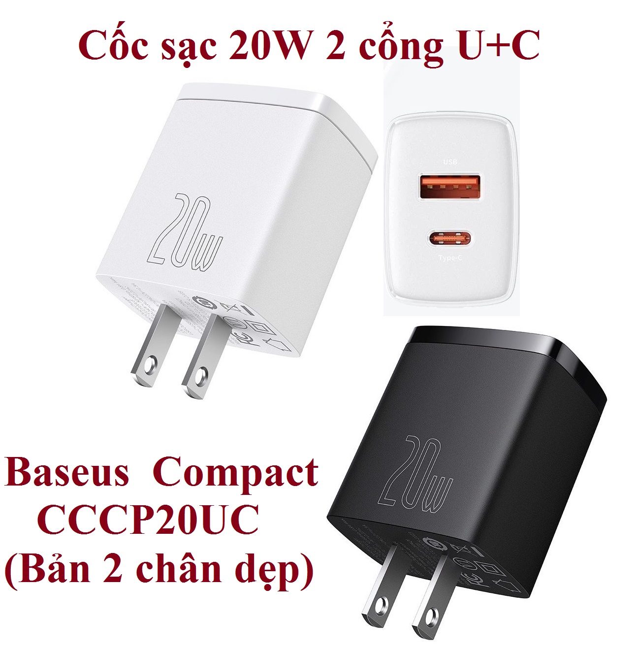 Cốc sạc 20W 2 cổng C+U Baseus Compact CCCP20UC - Hàng chính hãng