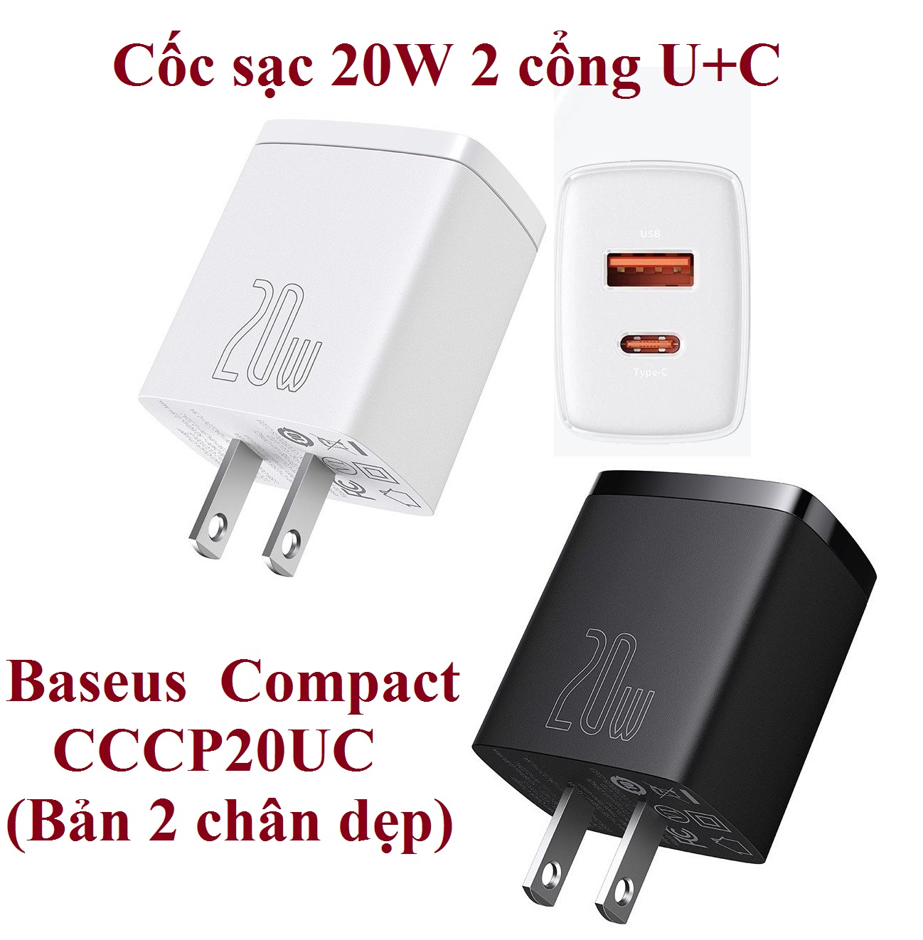 [USB+Type-C] Cốc sạc 20W 2 cổng C+U Baseus Compact CCCP20UC - Hàng chính hãng