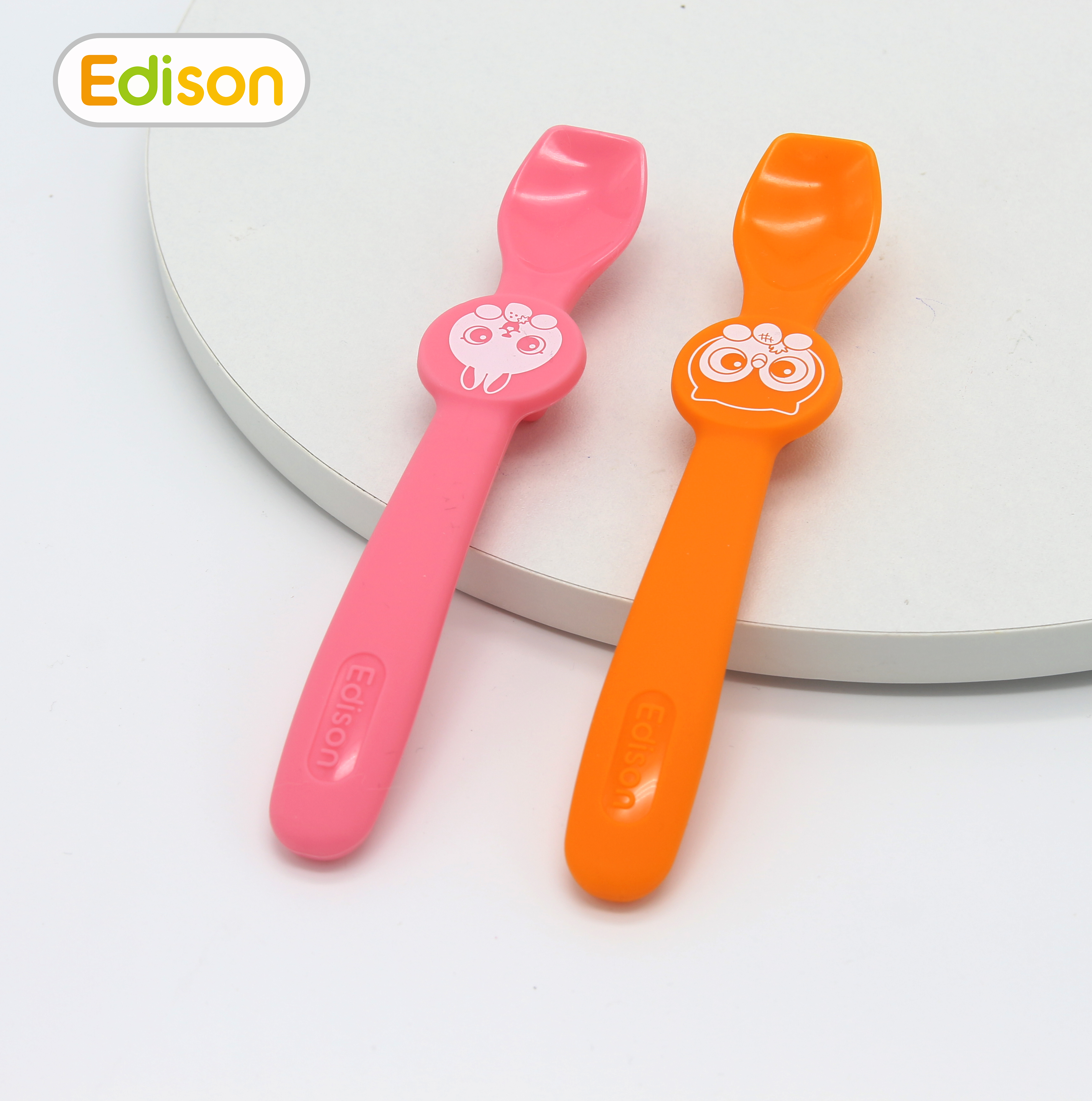 MADE IN KOREA Set 2 thìa ăn dặm silicon Hàn Quốc Edison - thìa tập xúc siêu mềm hình Cú-Sư Tử và Cú-Thỏ hàng chính hãng