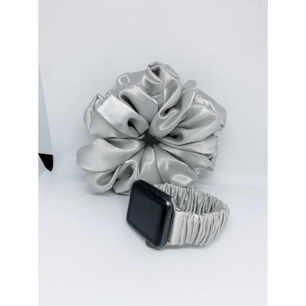 Combo dây đồng hồ apple watch và scrunchies dây cột tóc, buộc tóc vải satin lụa Bạc Noel
