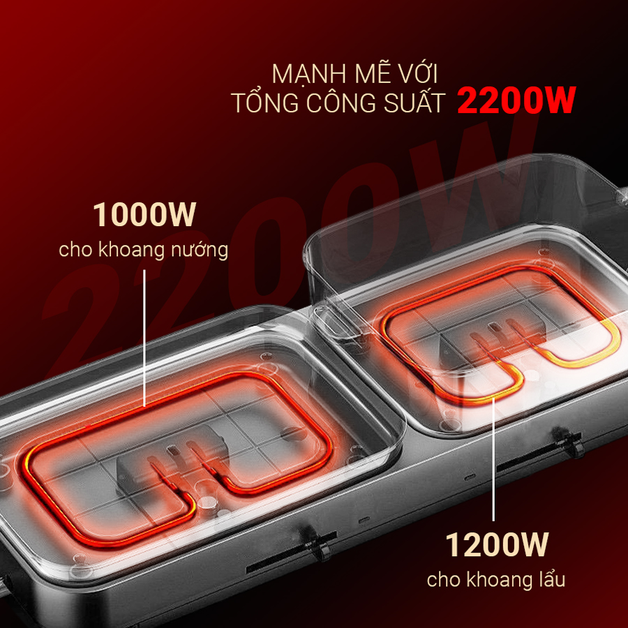 Nồi lẩu nướng đa năng cao cấp Kalpen PP99, công suất 2200W, bếp hai vùng nấu điều khiển độc lập tiện lợi - Hàng chính hãng