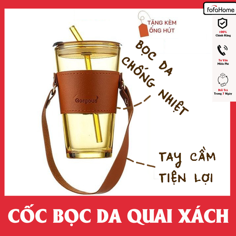 Cốc Thủy Tinh Bọc Da Quai Xách Dung Tích 450ml Kèm Ống Hút Thuỷ Tinh Có Nắp Đậy Chống Tràn Giao Màu Ngẫu Nhiên