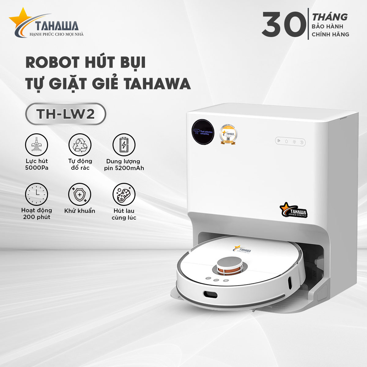 Robot hút bụi TAHAWA TH-LW2 Robo hút bụi an toàn cho sức khỏe người tiêu dùng, khử mùi hiệu quả sử dụng màn lọc HEPA 14, lọc sạch đến 99% bụi mịn