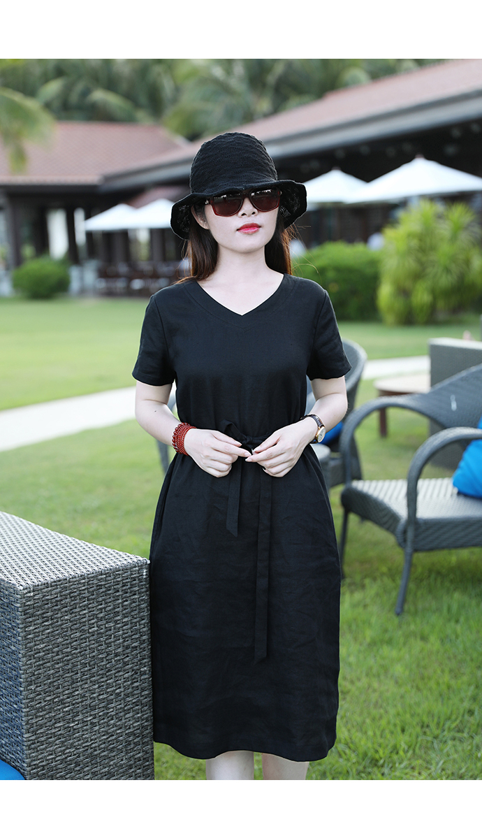 Đầm linen dáng suông cổ tim tay ngắn, kefm đai eo có túi sườn mẫu mới Đũi Việt Dv196