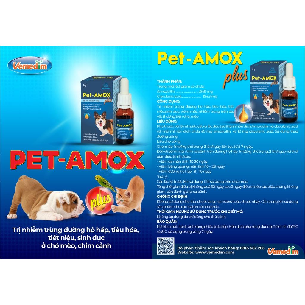 Pet amox plus tốt cho tiêu hoá, hô hấp, viêm da, nhiễm trùng trên chó mèo . lọ bột 3g pha huyễn dịch uống