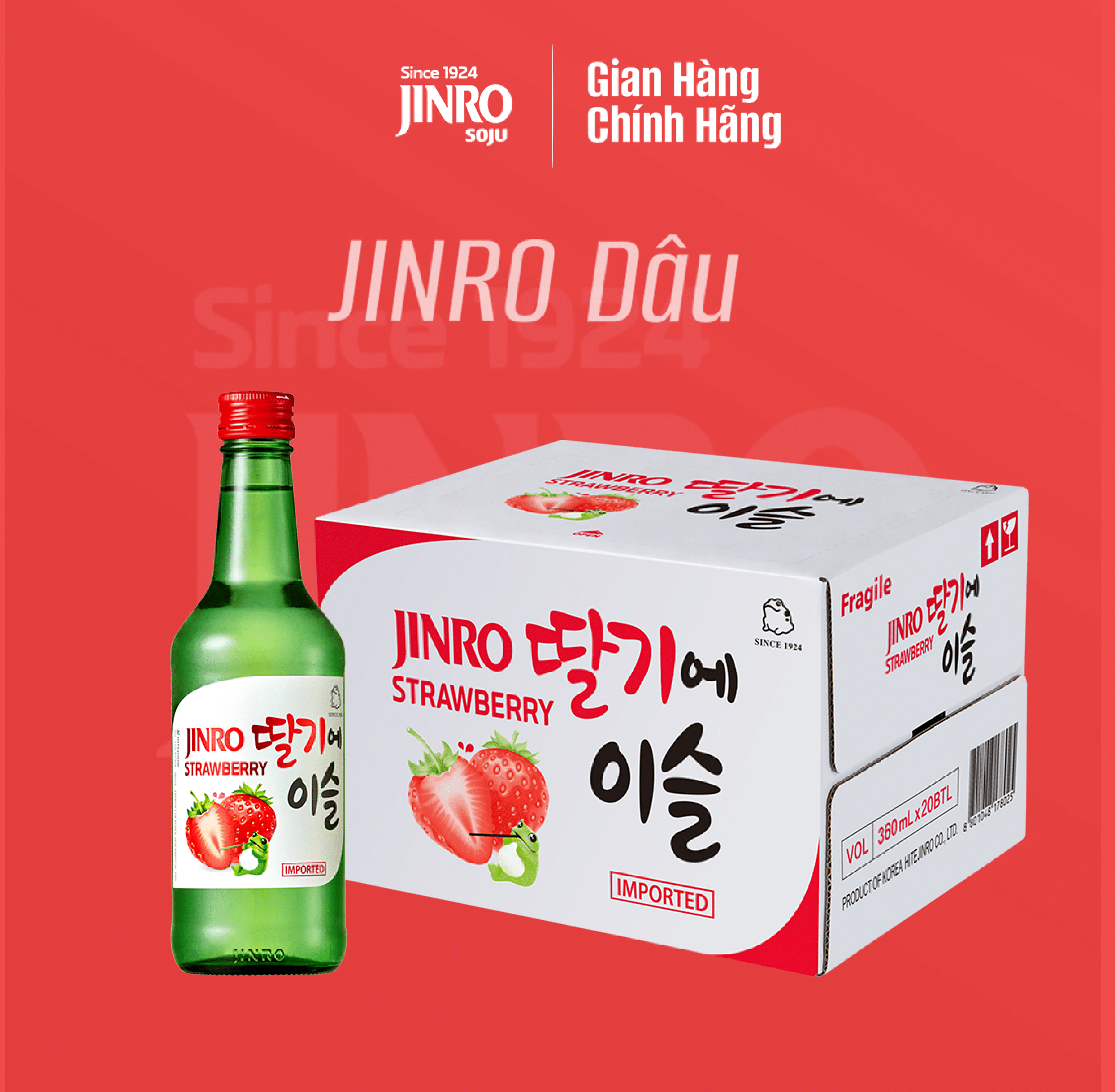 [CHÍNH HÃNG] Soju Hàn Quốc JINRO VỊ DÂU 360ml - Thùng 20 chai